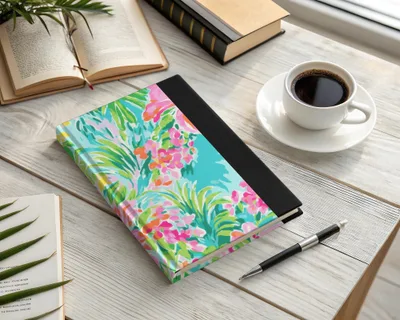 Lilly Pulitzer journal with colorful floral print, a pen, and coffee.