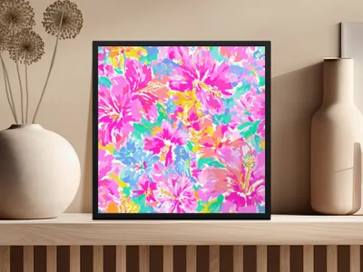 Colorful floral painting with pink, blue, and green hibiscus flowers.