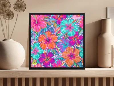 Square framed artwork with vibrant floral hibiscus pattern in pink, orange, and teal.