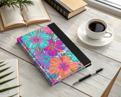 Colorful hibiscus floral journal with a pen and coffee on a desk.