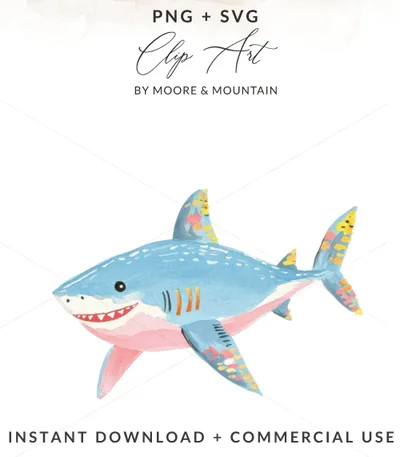 Watercolor illustration of a smiling blue shark with colorful accents.