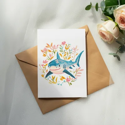 Shark illustration with flowers on a card atop a kraft envelope.