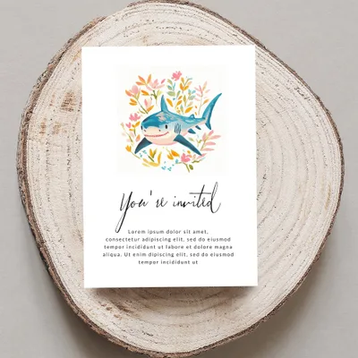 Card with shark and flowers, reads "You're invited" with placeholder text.