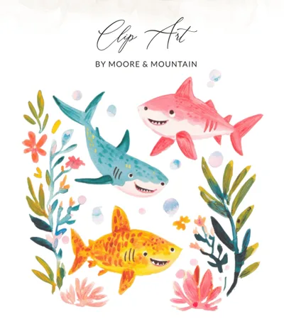 Preppy Shark PNG SVG, Cute Gouache Style Ocean Clipart, Watercolor Preppy Graphic, Painterly Pastel Artwork, Brushstroke Texture Design