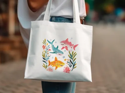 White tote bag with watercolor illustration of three sharks and aquatic plants.