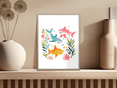 Whimsical watercolor art print featuring three smiling sharks and colorful sea flora.