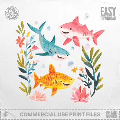 Three watercolor sharks surrounded by coral and flowers, easy download.