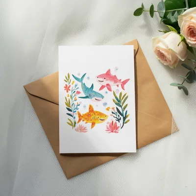 Three cartoon sharks swim among colorful flowers and leaves.