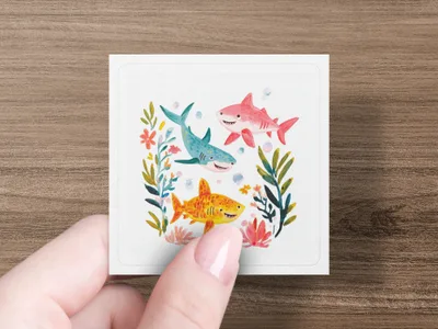 Three cartoon sharks swimming with colorful flowers.