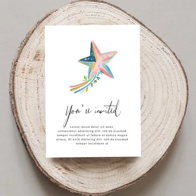 Invitation with watercolor star and "You're invited" text.