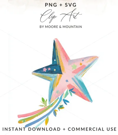Colorful star with a swoosh of leaves and streamers.
