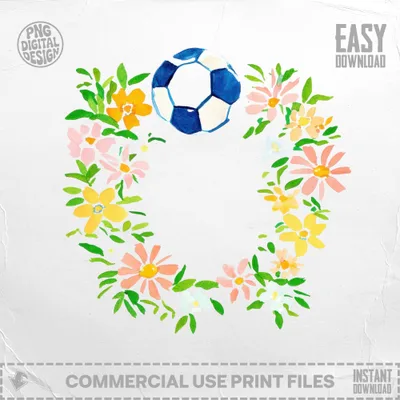 Soccer ball in a watercolor floral wreath, "EASY DOWNLOAD" text.