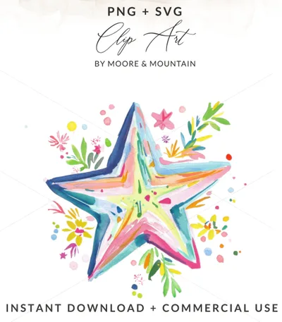 Watercolor star illustration with floral accents, PNG + SVG, INSTANT DOWNLOAD.