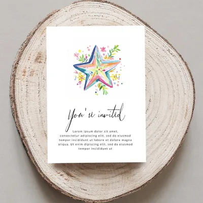 Invitation card with a watercolor star and "You're invited" text.