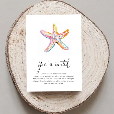 Colorful starfish on a "You're invited" card with placeholder text.