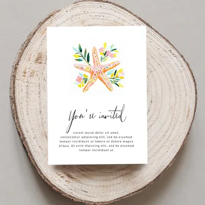 Invitation card with starfish design and "You're invited" text.