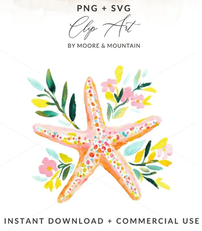 Pink and orange starfish with floral accents, PNG + SVG, Instant Download