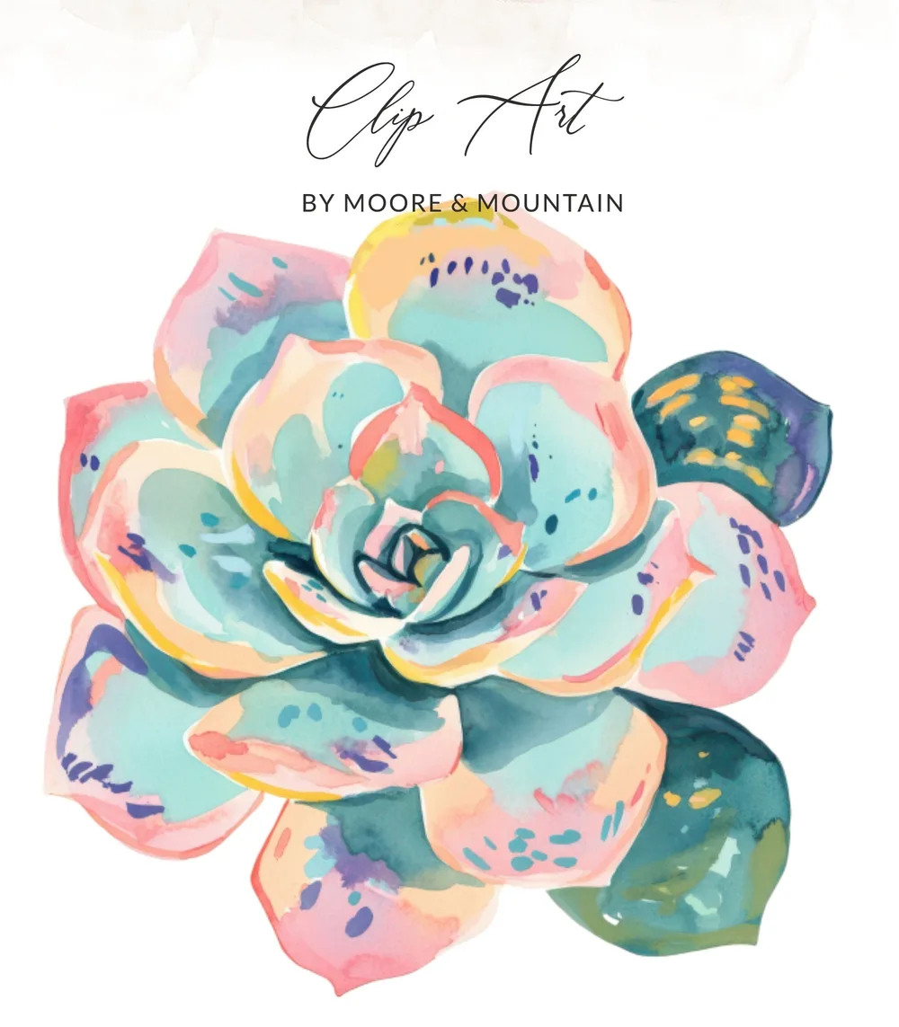 Watercolor succulent with pastel pink, blue, and green petals.