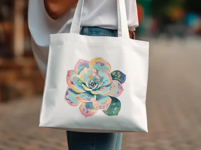 White tote bag with a watercolor succulent plant design.