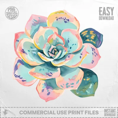 Watercolor succulent with "EASY DOWNLOAD" and "COMMERCIAL USE PRINT FILES".