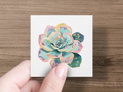 Watercolor succulent art on a card held by a person's fingers.