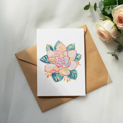 Watercolor succulent illustration on white card atop brown envelope with roses.