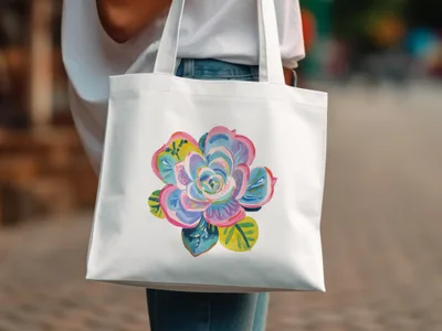 White tote bag with a colorful succulent floral illustration.