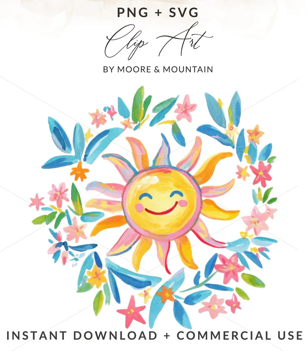 Smiling sun with floral wreath, PNG + SVG, instant download.