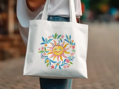 White canvas tote bag featuring a watercolor illustration of a smiling sun with colorful floral accents.