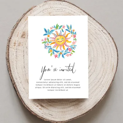 Invitation card with smiling sun illustration and "You're invited" text.