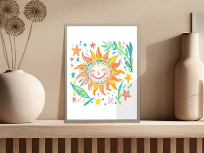 Whimsical sun and floral illustration in a framed picture on a shelf.