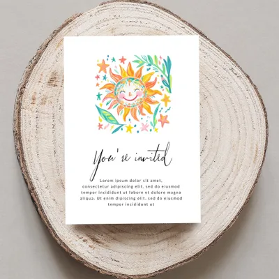 Invitation with watercolor sun and stars, text "You're invited" and placeholder text.