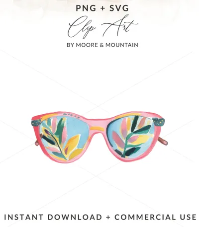 Watercolor sunglasses with colorful foliage reflection, "PNG + SVG" and logo.