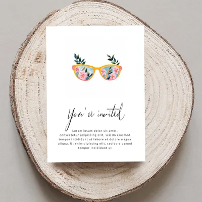 Invitation card with "You're invited" text and floral sunglasses design.