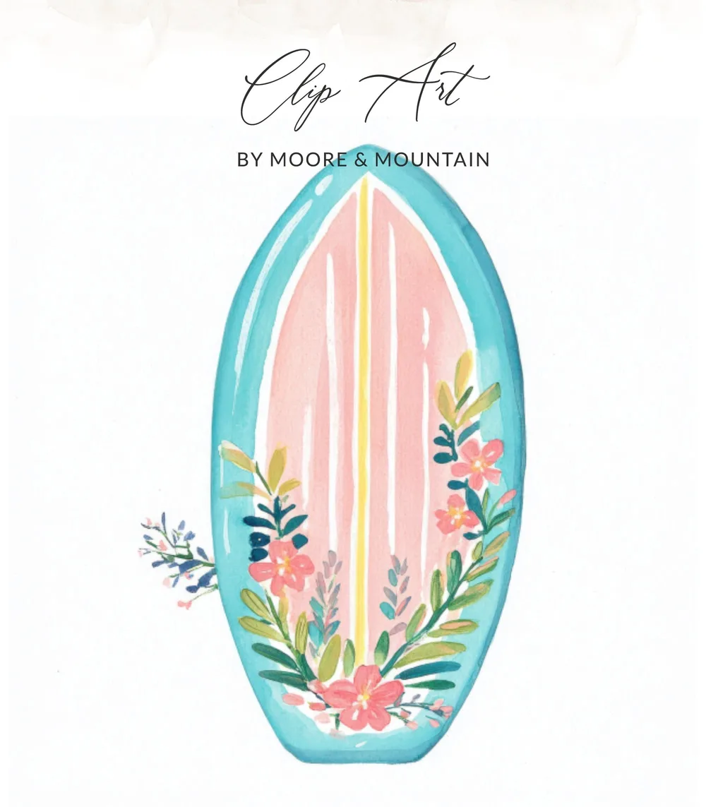 Teal surfboard with pink coral, green leaves, and blue flowers.