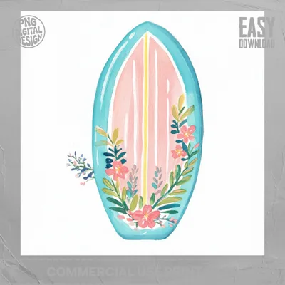 Blue surfboard with pink floral design and "Easy Download" text.