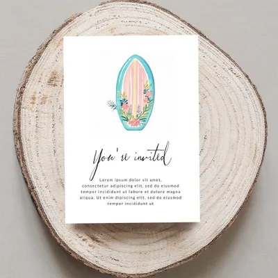 Invitation with floral surfboard and "You're invited" text.