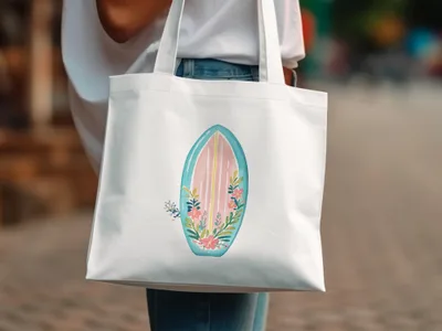 White canvas tote bag featuring a watercolor surfboard design with floral accents.