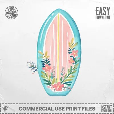 Surfboard with pink and blue floral watercolor design and "EASY DOWNLOAD" text.