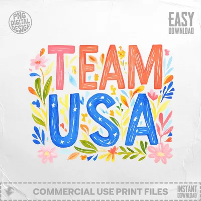 "TEAM USA" text with colorful floral watercolor illustration.