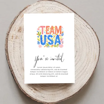 "TEAM USA" invitation with floral accents and placeholder text.