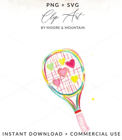 Preppy Tennis Racket with Hearts PNG, Neon Pastel SVG, Tennis Clip Art, Rainbow Aesthetic Clipart, Trendy Girly Graphic, Digital Download