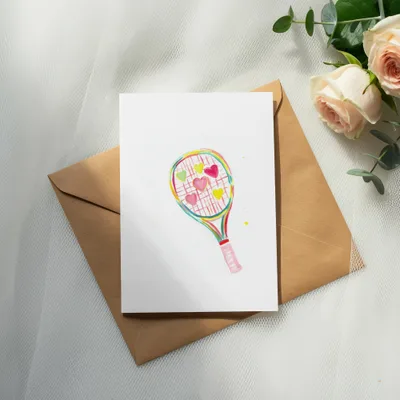 Watercolor tennis racket with colorful hearts on greeting card, with roses.