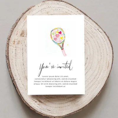 Invitation card with "You're invited" and placeholder text, featuring a tennis racket with heart-shaped strings.