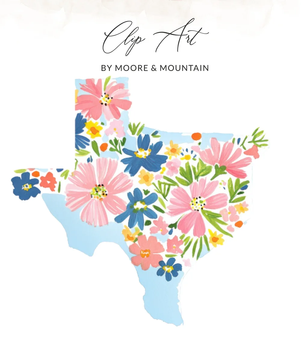 Texas outline filled with colorful floral clip art.