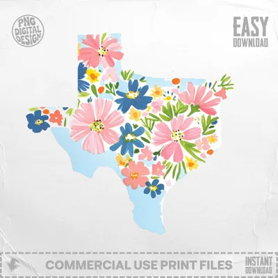 Texas outline filled with colorful floral illustrations and "EASY DOWNLOAD" text.