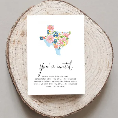 Texas shape with flowers, "You're invited" text, and placeholder copy.
