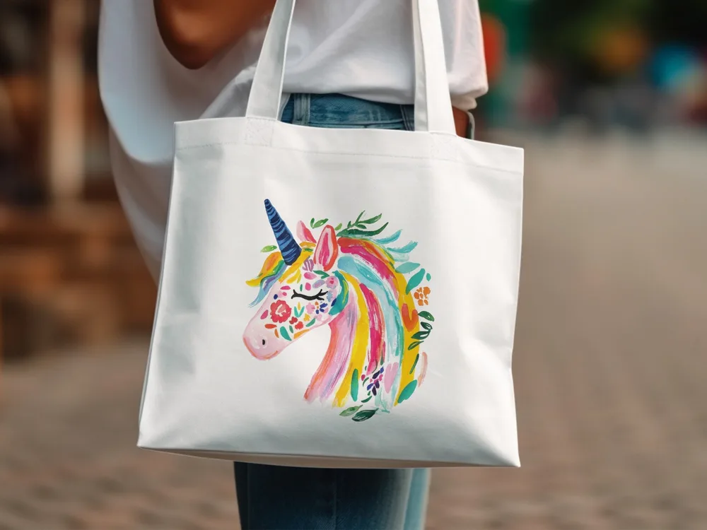 White tote bag with colorful floral unicorn head design.