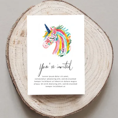 Invitation with colorful watercolor unicorn and "You're invited" text.