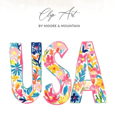 Preppy USA Floral PNG SVG Digital, Painterly Gouache Illustration, Vibrant Pastel Artwork, Hand Drawn Aesthetic Clipart, Trendy Summer